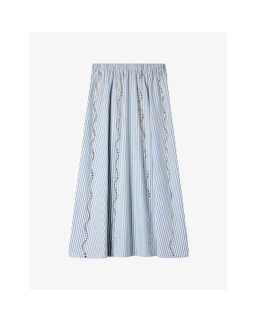 Sandro Blue Striped Rhinestone-Embellished Cotton-Blend Maxi Skirt