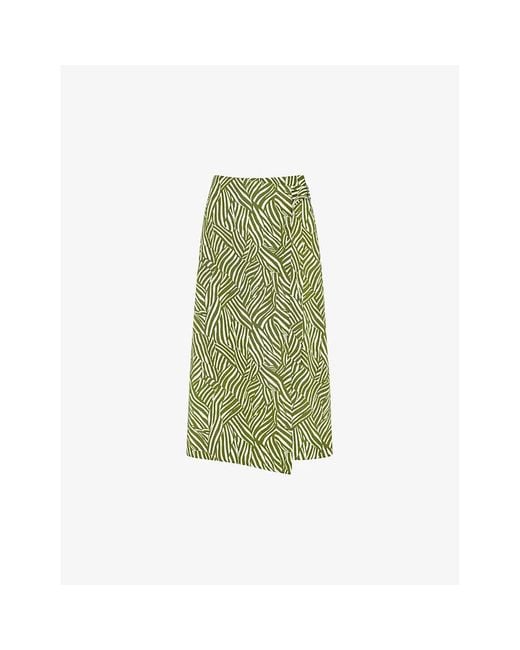 Whistles Green Linear Leaf-Print Wrap-Front Cotton Midi Skirt
