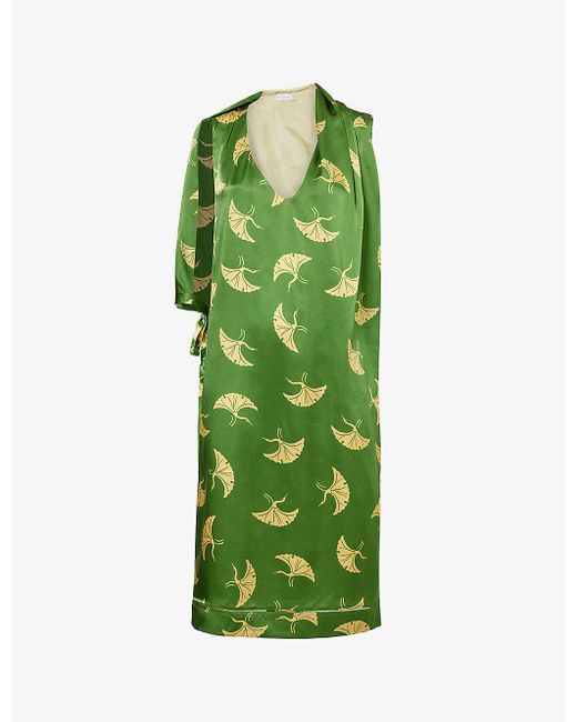 Dries Van Noten Green Crane Bird-print V-neck Relaxed-fit Silk Midi Dress