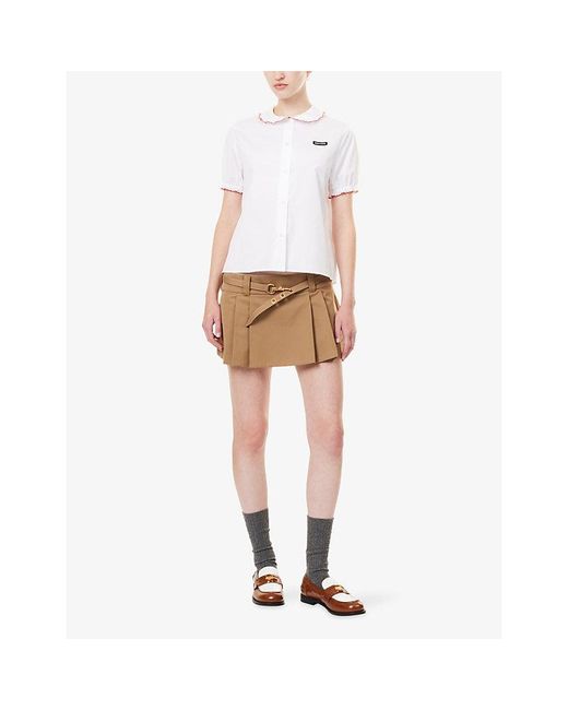 Miu Miu Natural Logo-Embroidered Pleated Cotton Mini Skirt