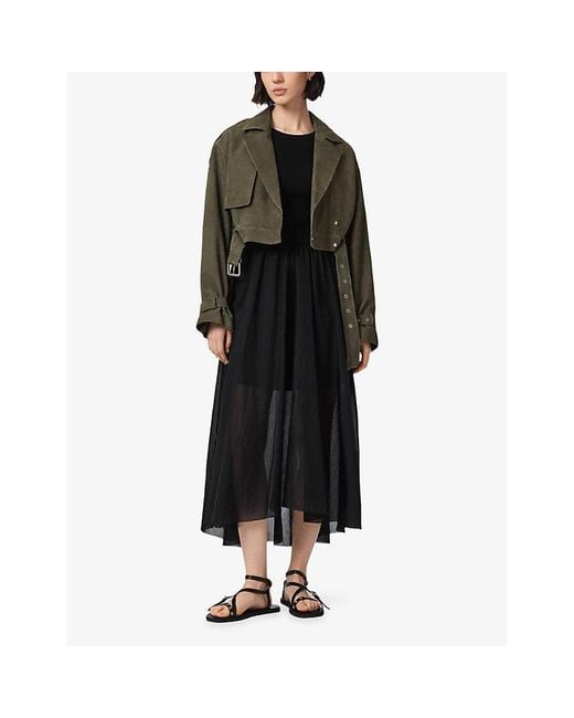 AllSaints Green Ophelia Dropped-Shoulder Belted-Waist Suede Jacket