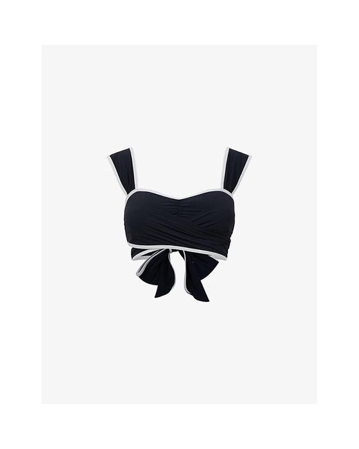 Reiss Black Vy/white Cristina Wrap-front Stretch Recycled-nylon Bikini Top