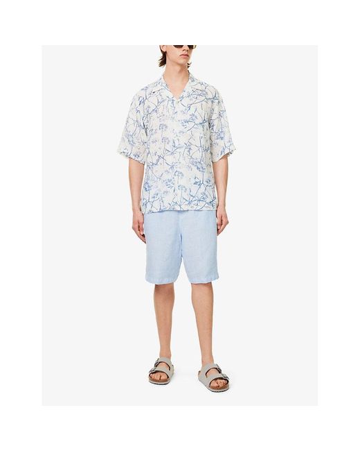 120% Lino Blue Short-sleeve Patch-pocket Regular-fit Linen Shirt for men