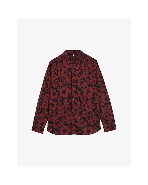 Ted Baker Red Boleena Floral-print Regular-fit Stretch-cotton Shirt for men
