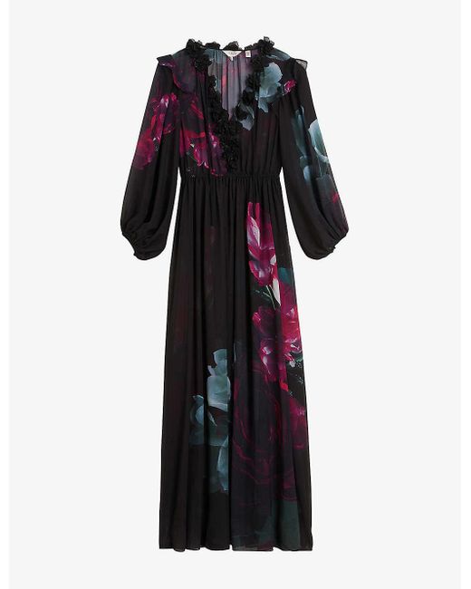 Ted Baker Black Gionnna Floral-print Chiffon Maxi Dress