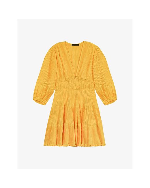 Maje Yellow Draped Flounced-hem Woven Mini Dress