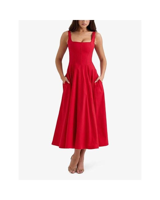 House Of Cb Red Mariabella Square-Neck Stretch-Cotton Midi Dress