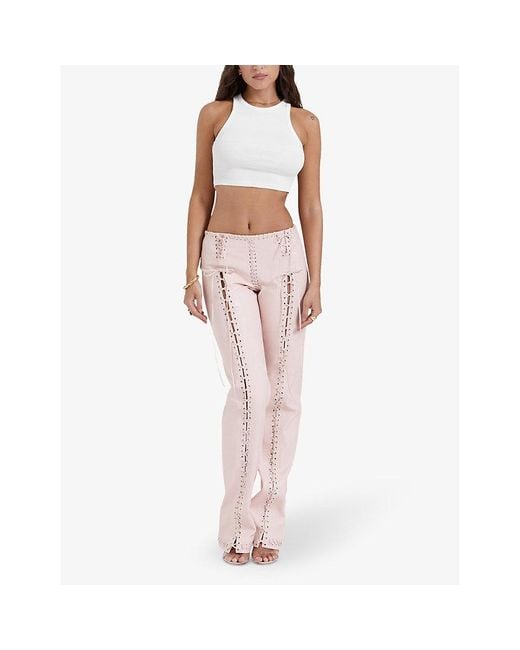 House Of Cb Pink Elliot Lace-up Straight-leg Mid-rise Faux-leather Trouser