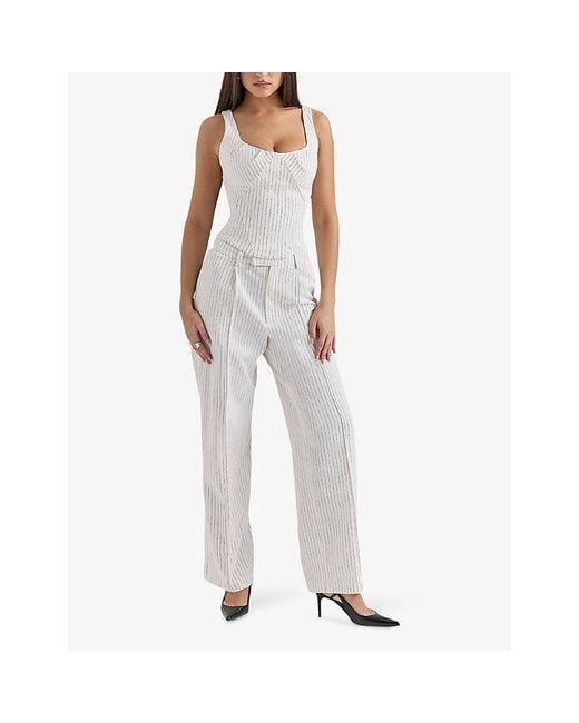 House Of Cb White Selma Striped Stretch-Woven Top