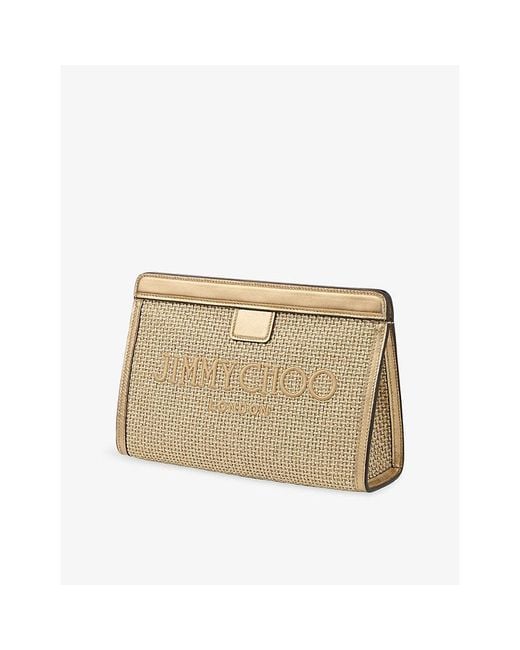 Jimmy Choo Natural Avenue Embroidered-Logo Raffia And Metallic Leather Pouch