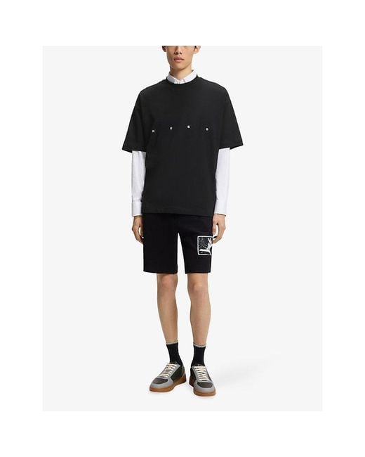HUGO Black Brand-Print Oversized-Fit Cotton-Jersey T-Shirt for men