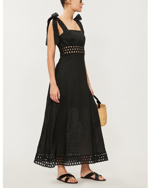 Zimmermann Black Verity Square-neck Strappy Linen Dress