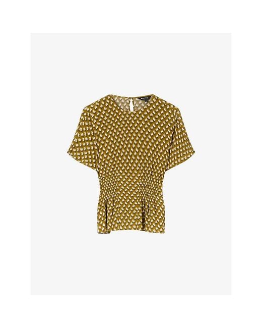 Whistles Green Shirred Ikat-Spot Woven Blouse