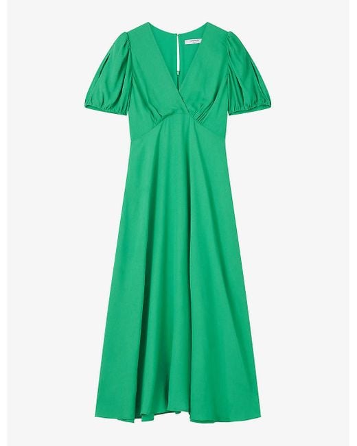 L.K.Bennett Green Hermia V-neck Puff-sleeve Woven Midi Dress