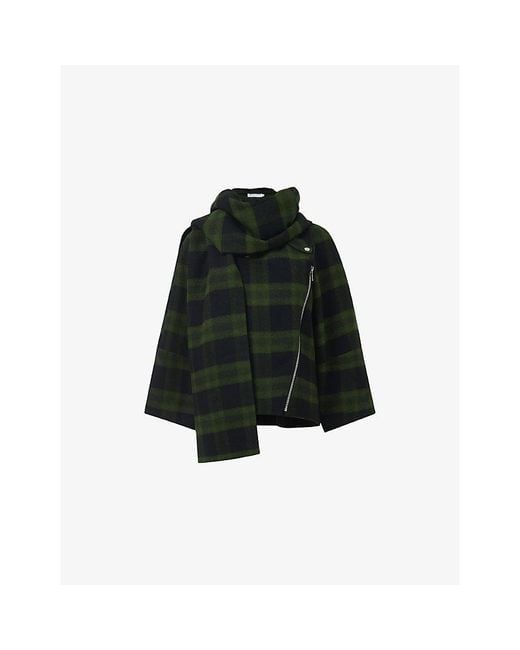 eem Black Check-Pattern Detachable-Scarf Biker Jacket