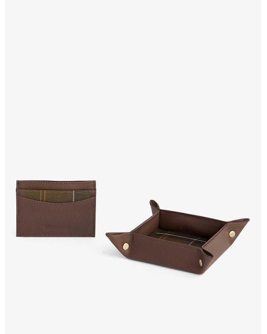 Barbour White Checked-panel Brand-debossed Grained-leather Card Holder And Valet Tray Gift Set for men