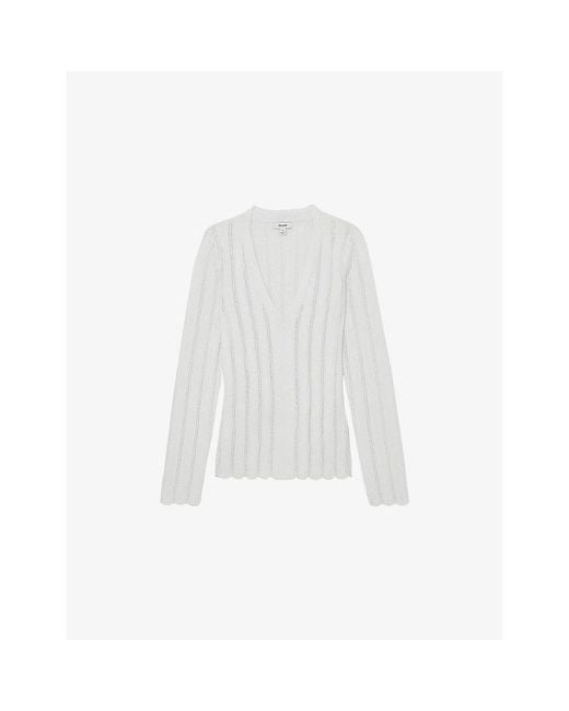 Reiss White Loui Open-Stitch V-Neck Knitted Jumper