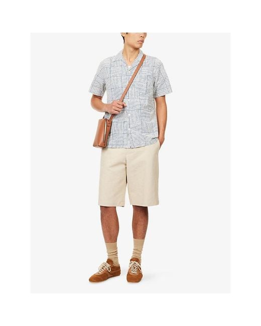 Drake's Blue Printed Camp-Collar Woven Shirt for men