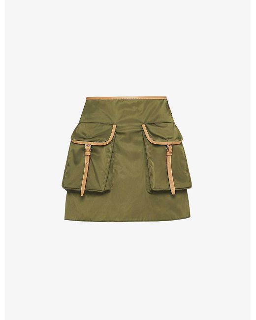 Prada Green Re-nylon Patch-pocket Mid-rise Recycled-nylon And Leather Mini Skirt
