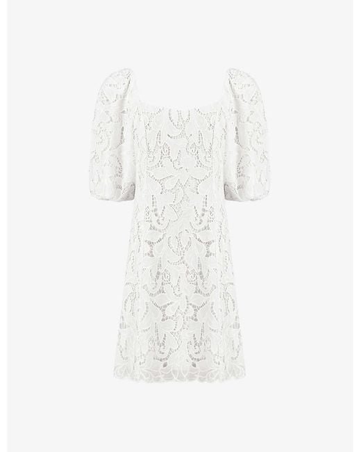 Ro&zo White Square-neck Puff-sleeve Lace Woven Mini Dress