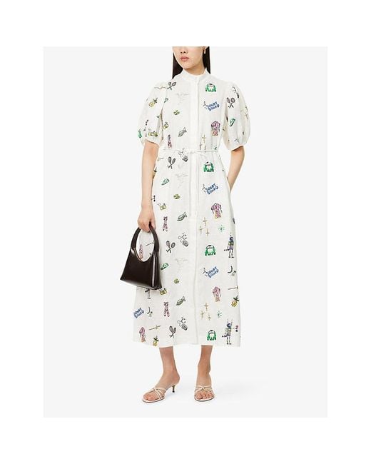 ALÉMAIS White Play Graphic-Embroidered Linen Midi Dress