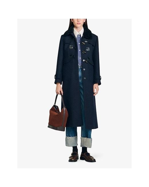 Sandro Blue Velvet-Collar Regular-Fit Wool-Blend Coat