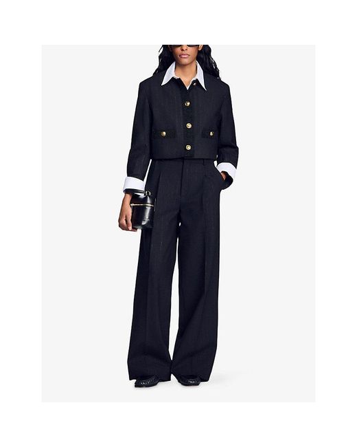 Sandro Black Pinstriped Wide-Leg Woven Trousers