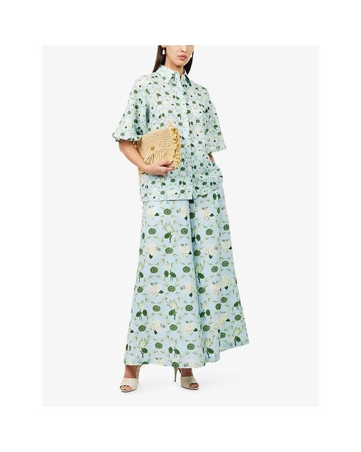 VERANDAH Blue Floral-Print Cotton And Linen-Blend Sleeveless Shirt