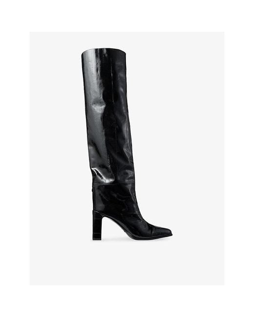 Jimmy Choo Black Caly 85 Shiny Eel-Embossed Leather Knee-High Boots