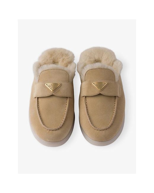 Prada Natural Brand-Plaque Suede And Shearling Mules