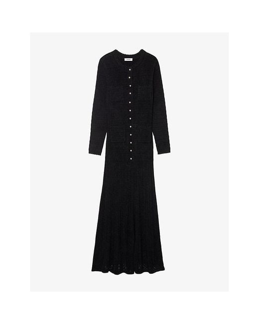 Sandro Black Round-Neck Button-Down Stretch-Knit Maxi Dress
