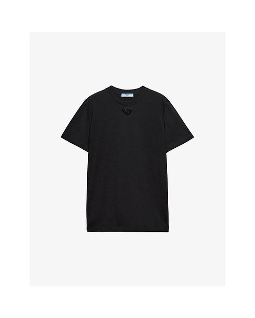 Prada Black Embroidered-Triangle Short-Sleeve Cotton-Jersey T-Shirt