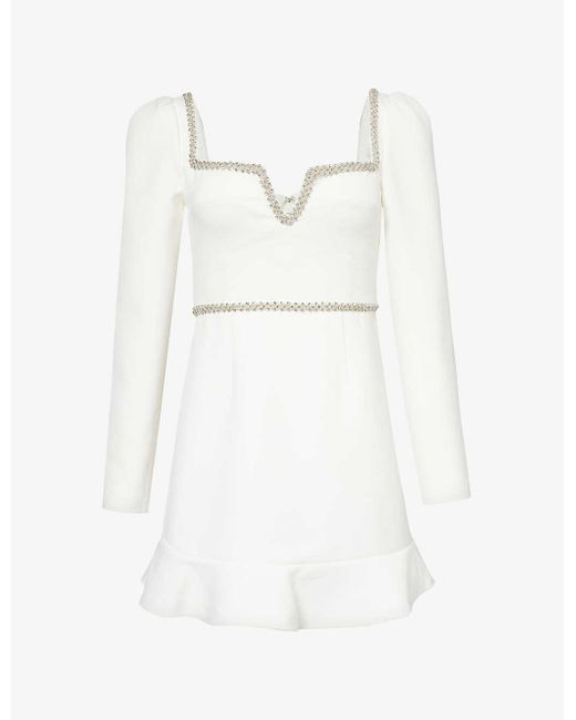 Self-Portrait White Long-sleeved Crystal-embellished Crepe Mini Dress