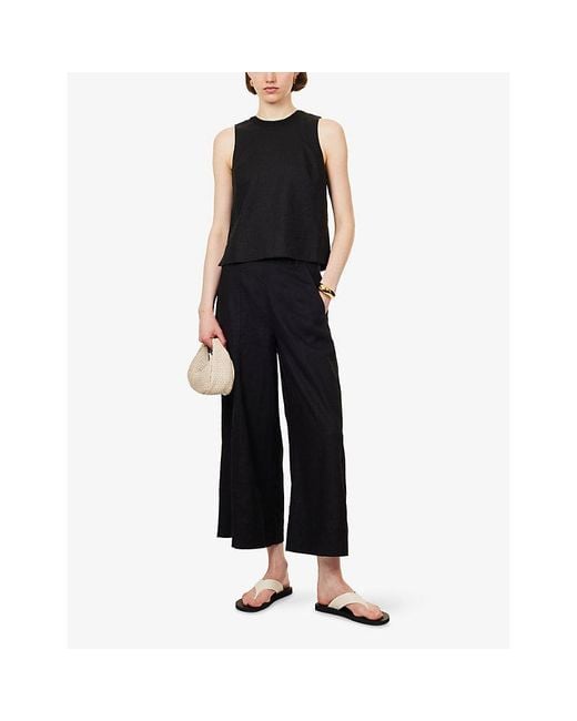 ME+EM Black Crotchet-Trim Crease-Less Linen-Blend Top