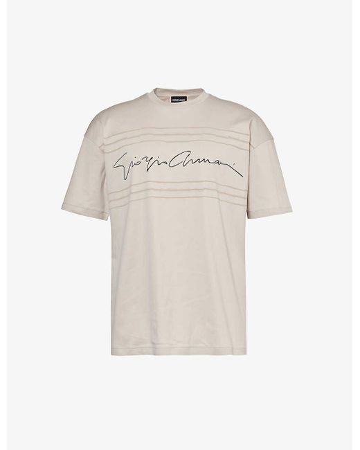 Giorgio Armani White Cursive Brand-print Cotton T-shirt for men