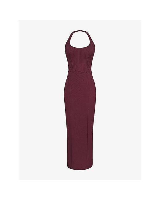 House Of Cb Purple Lusilla Halterneck Stretch-Mesh Midi Dress Xs (A-C Cup)