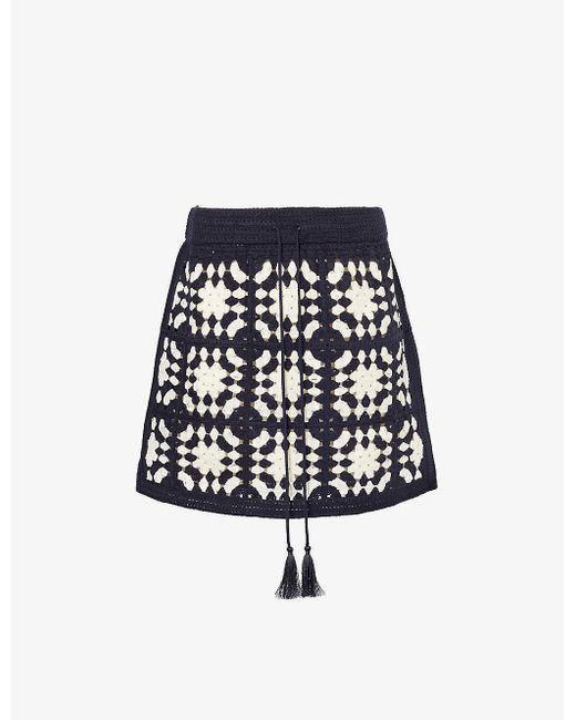 FRAME White Crochet Tassel-embellished Cotton-blend Knitted Mini Skirt
