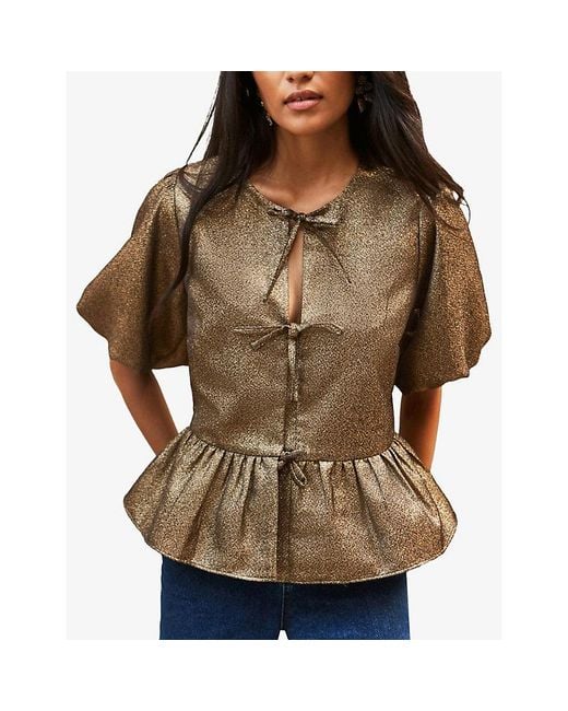 Ro&zo Brown Tie-Front Puff-Sleeve Woven Top