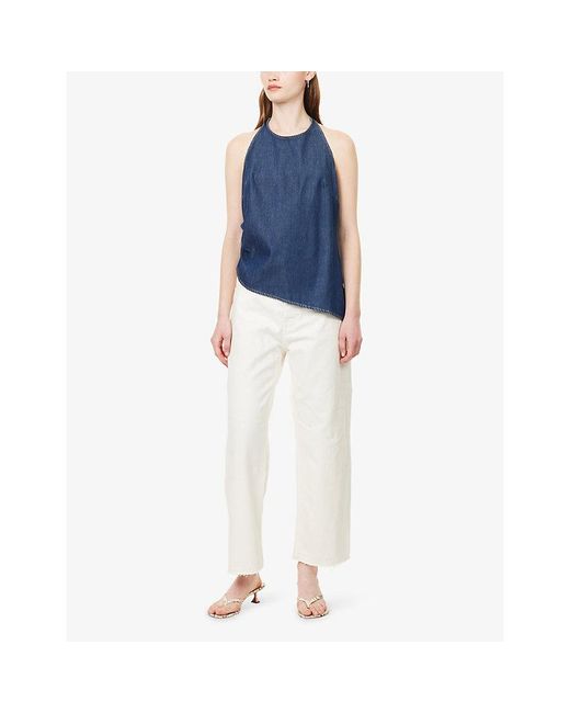 GOOD AMERICAN Blue Halterneck Asymmetric Woven Top