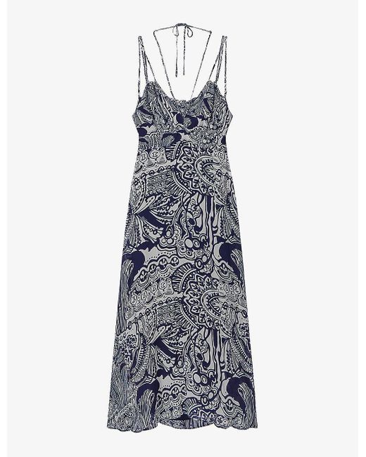 Reiss Blue Quinn Graphic-print Side-split Woven Midi Dress