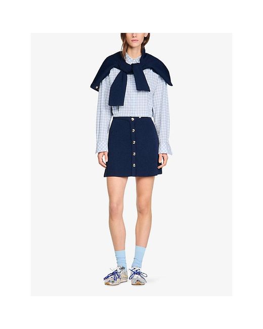 Sandro Blue Ribbed High-Rise Knitted Mini Skirt