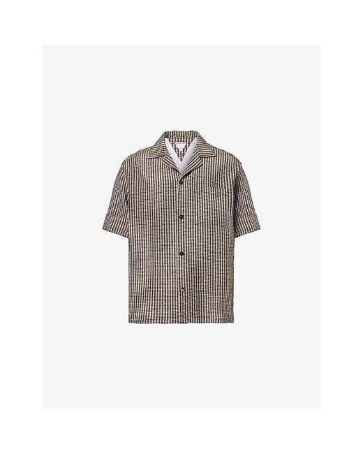 Bottega Veneta Gray Check-Print Camp-Collar Relaxed-Fit Woven-Blend-Shirt for men