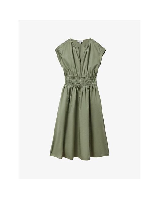 Reiss Green Lena Ruched-waist Cotton Midi Dress