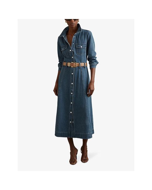 Reiss Blue Elsa Belted Denim Midi Dress