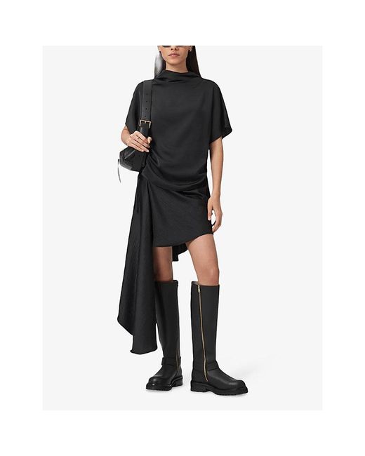 AllSaints Black Leslie Drawstring-Sides Satin Top
