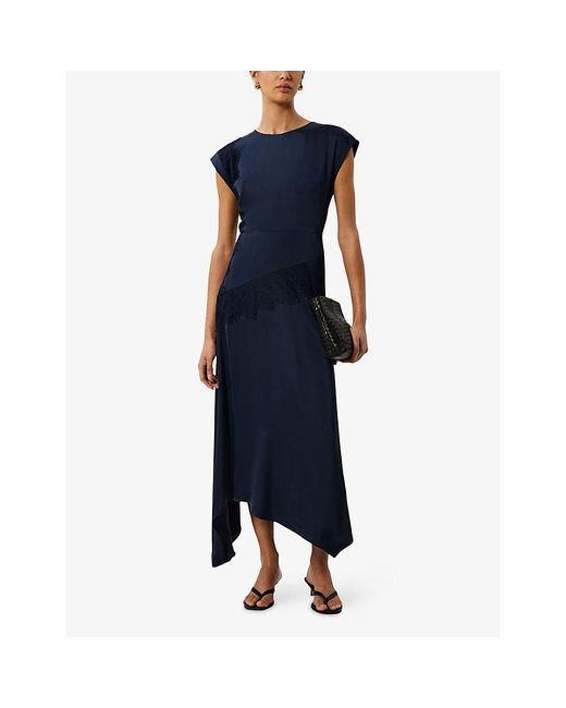 Whistles Blue Lace-Insert Asymmetric-Hem Satin Midi Dress