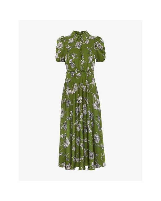 Phase Eight Green Bella Floral-Print Puff-Sleeve Stretch-Woven Midi Dress