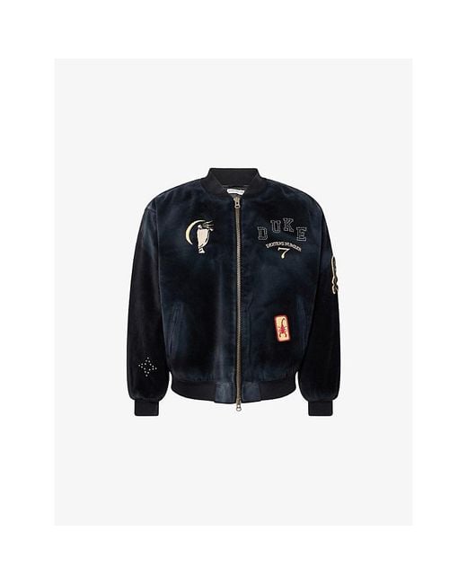 Duke & Dexter Blue Lucky 7 Patchwork Cotton-Velvet Bomber Jacket for men