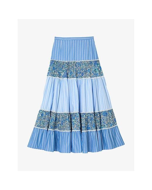 Sandro Blue Patchwork Ruffled Cotton Maxi Skirt