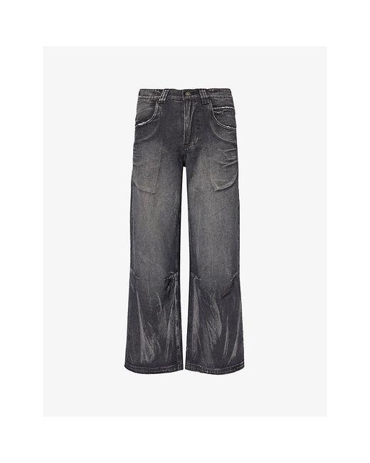 Jaded London Gray Wing Print Wing Colossus Stud-Embellished Relaxed-Fit Wide-Leg Jeans for men